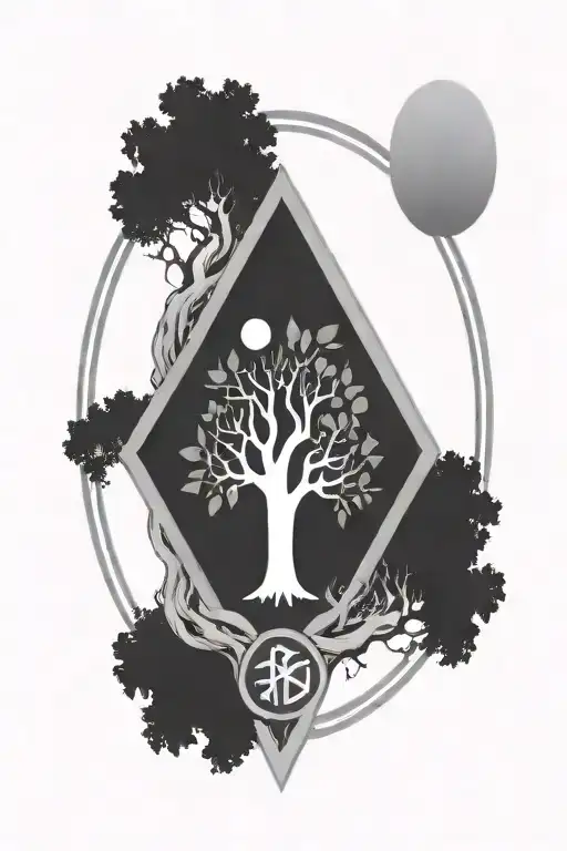 igdrasil tree with power rune circle, d20 Dice and dragon ball tattoo design idea