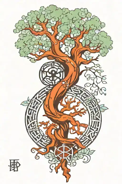 igdrasil tree with power rune circle, d20 Dice and dragon ball tattoo design idea