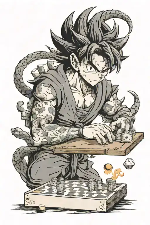 A minimalist tattoo featuring a dragon ball character playing a board game, showcasing the client's interests in anime and board games tattoo design idea