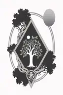 igdrasil tree with power rune circle, d20 Dice and dragon ball tattoo design idea