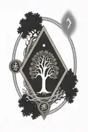 igdrasil tree with power rune circle, d20 Dice and dragon ball tattoo design idea