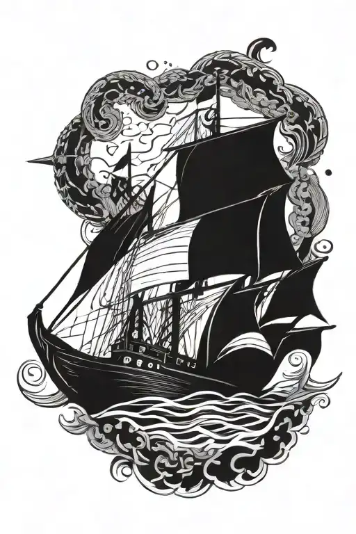 viking ship sailing towards combined with Nordic writing tattoo design idea