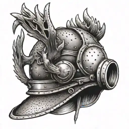 A dotwork tattoo of a welder's helmet adorned with deer antlers, representing the client's passion for hunting and welding tattoo design idea