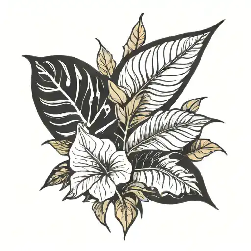 Caladium, Monstera, Peace Lily, Dracaena trifacial, Inchplant, Pothos, plant tattoo sleeve tattoo design idea