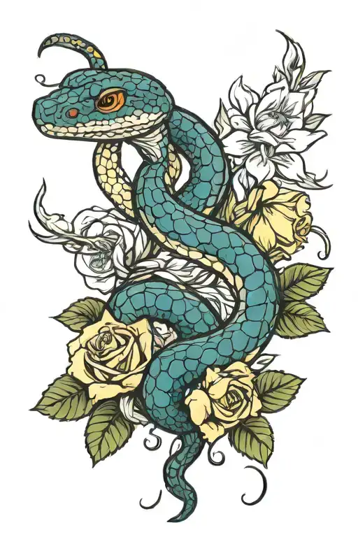 snake with rose and daffodil piercing through its skin tattoo design idea