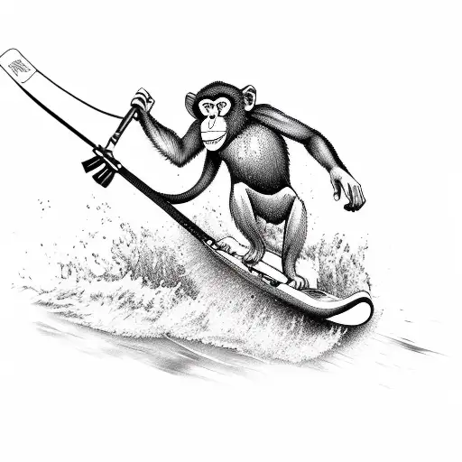 a monkey riding a wakeboard, with both arms extended on the handle tattoo design idea