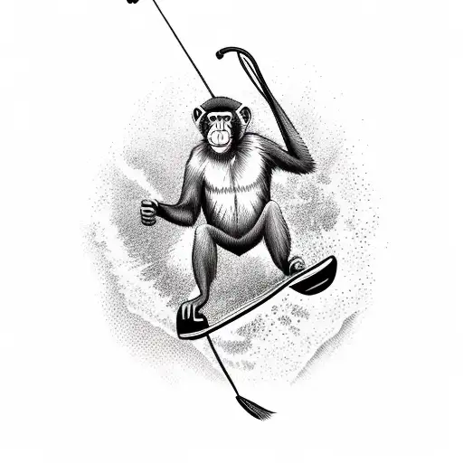 a monkey riding a wakeboard, with both arms extended on the handle tattoo design idea