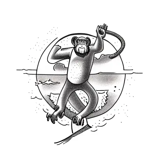 a monkey riding a wakeboard, with both arms extended on the handle tattoo design idea