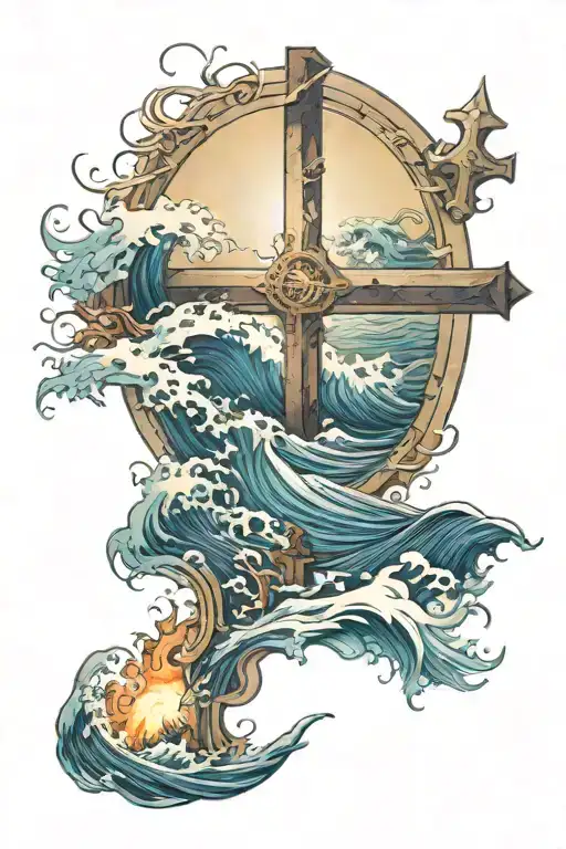 dark ocean waves crashing with light beams and a cross  tattoo design idea