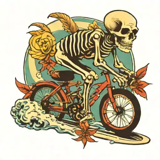 skeleton going surfing by bike tattoo design idea
