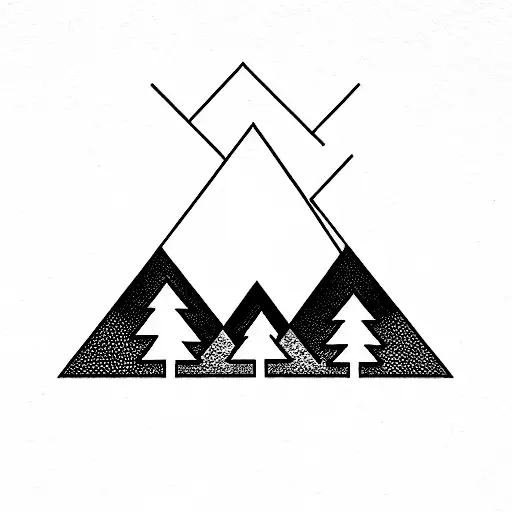 diamond with three peoples shilouttes surrounded by a forest covered mountain and a lake tattoo design idea