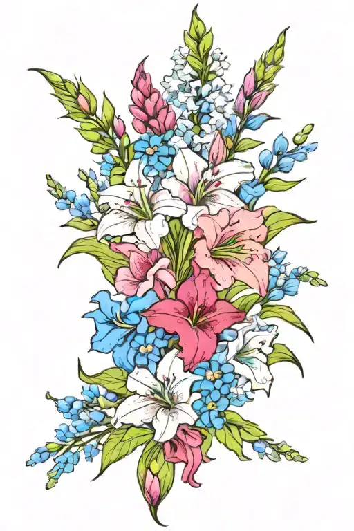 delphinium and gladiolus flowers color bouquet tattoo design idea