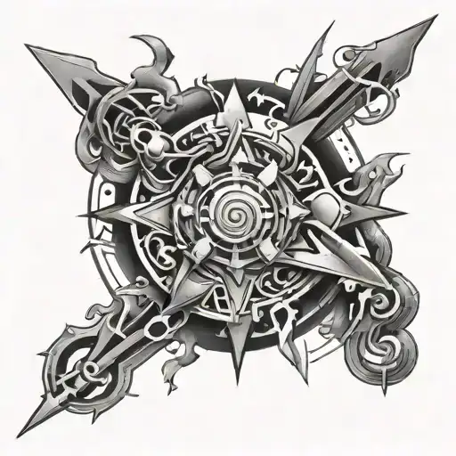A tattoo design featuring abstract art representing the concept of chaos, with subtle references to Zelda and Final Fantasy 7 tattoo design idea