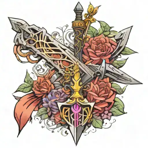 A detailed and intricate design featuring the Master Sword from Zelda intertwined with the Buster Sword from Final Fantasy 7 tattoo design idea