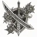 A detailed and intricate design featuring the Master Sword from Zelda intertwined with the Buster Sword from Final Fantasy 7 tattoo design idea