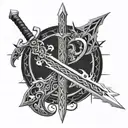 A detailed and intricate design featuring the Master Sword from Zelda intertwined with the Buster Sword from Final Fantasy 7 tattoo design idea