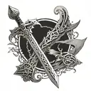 A detailed and intricate design featuring the Master Sword from Zelda intertwined with the Buster Sword from Final Fantasy 7 tattoo design idea