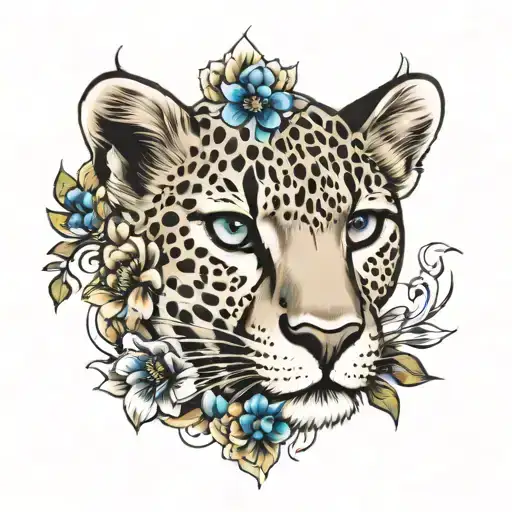 flowers w a cheetah w blue eyes tattoo design idea