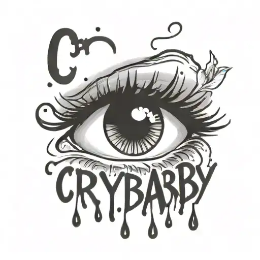 crying eye with the word 'crybaby' written in a pretty font tattoo design idea