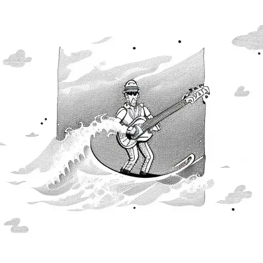 A harbor pilot riding a giant wave with an electric guitar in hand tattoo design idea