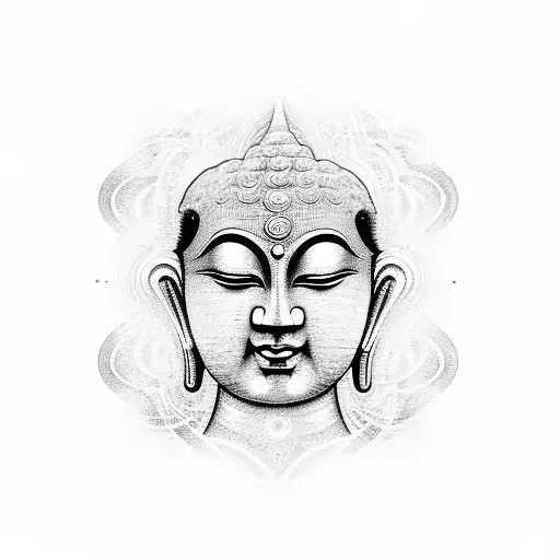 An electric guitar transforming into a wave, with a Buddha's face emerging from it tattoo design idea