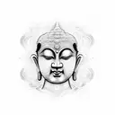 An electric guitar transforming into a wave, with a Buddha's face emerging from it tattoo design idea