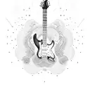 An electric guitar transforming into a wave, with a Buddha's face emerging from it tattoo design idea