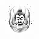 An electric guitar transforming into a wave, with a Buddha's face emerging from it tattoo design idea