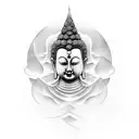 An electric guitar transforming into a wave, with a Buddha's face emerging from it tattoo design idea