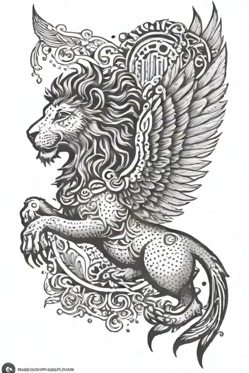 Create a tattoo design featuring the ancient Persian symbol of Faravahar with a lion silhouette tattoo design idea