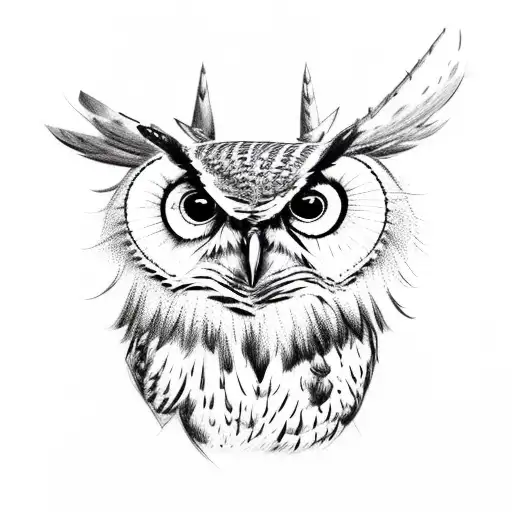 full body horned owl spreading wings and sitting on a branch tattoo design idea