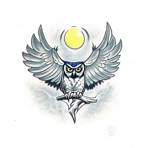 full body horned owl spreading wings and sitting on a branch tattoo design idea