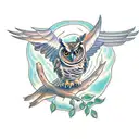 full body horned owl spreading wings and sitting on a branch tattoo design idea