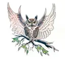 full body horned owl spreading wings and sitting on a branch tattoo design idea