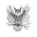 full body horned owl spreading wings and sitting on a branch tattoo design idea