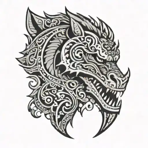A sleeve on the arm that contains Maori tribals such as the enata, shark's tooth, ocean, and a griffin like grey warden  tattoo design idea