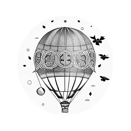 A bold blackwork tattoo featuring a hot air balloon with intricate earth-inspired patterns, surrounded by sparrows in flight, representing the harmony between nature and government. tattoo design idea