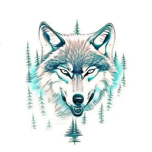 wolf in the woods standing infront of it's reflection on lake tattoo design idea