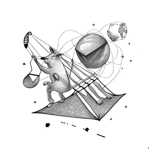 Hammock with girö that is reading and a cord connected to globe. add a paper plane drawing a heart and a donkey tattoo design idea