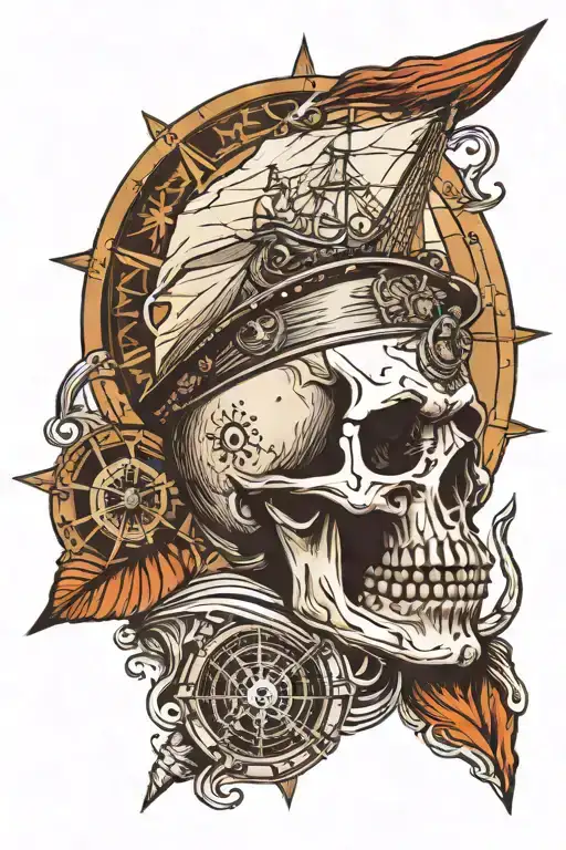 Skull with a compass on forehead and a ship sailing above it tattoo design idea