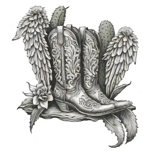 old cowboy boot,angel wings, cactus tattoo design idea