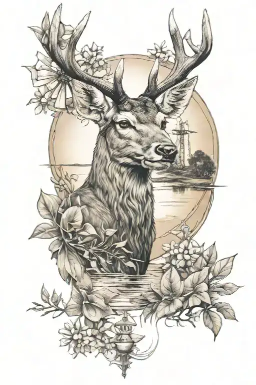 Deer, windmill, kangaroos, sun, water, gum leaves tattoo design idea