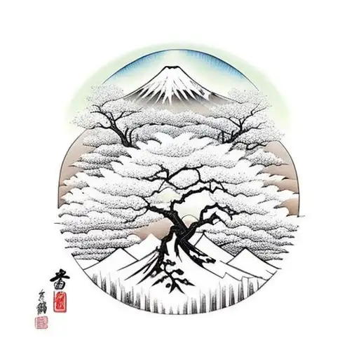 A majestic lama meditating under a cherry blossom tree with the iconic Mount Fuji in the background tattoo design idea