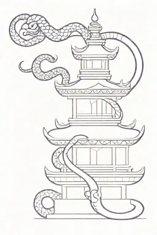 Chinese pagoda of 2 floors with a snake with purple eyes coiled around it, minimal details for tattooing tattoo design idea