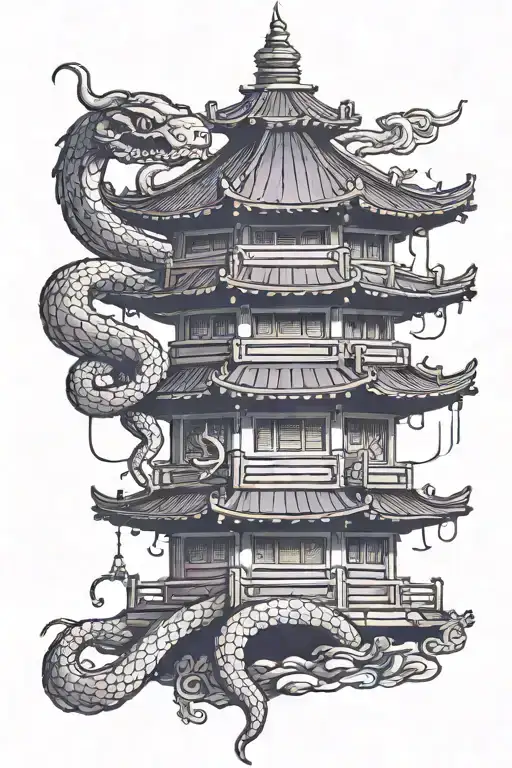 Chinese pagoda of 2 floors with a snake with purple eyes coiled around it, minimal details for tattooing tattoo design idea