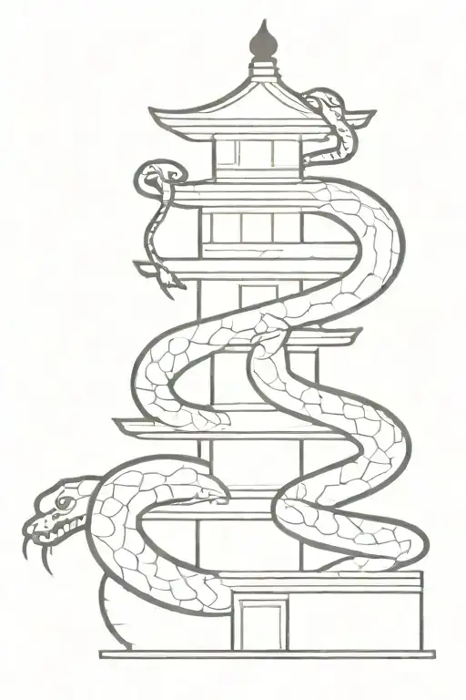 Chinese pagoda of 2 floors with a snake with purple eyes coiled around it, minimal details for tattooing tattoo design idea