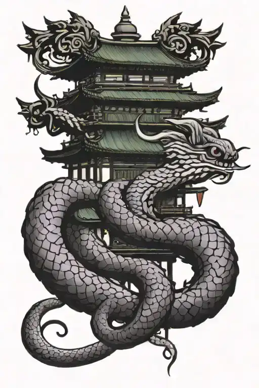 Chinese pagoda of 2 floors with a snake with purple eyes coiled around it, minimal details for tattooing tattoo design idea