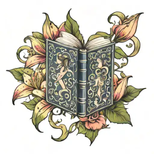 lily and jasmin coming out of the book open in front tattoo design idea