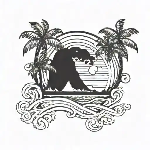 A tropical sunset painting with palm trees and ocean waves tattoo design idea