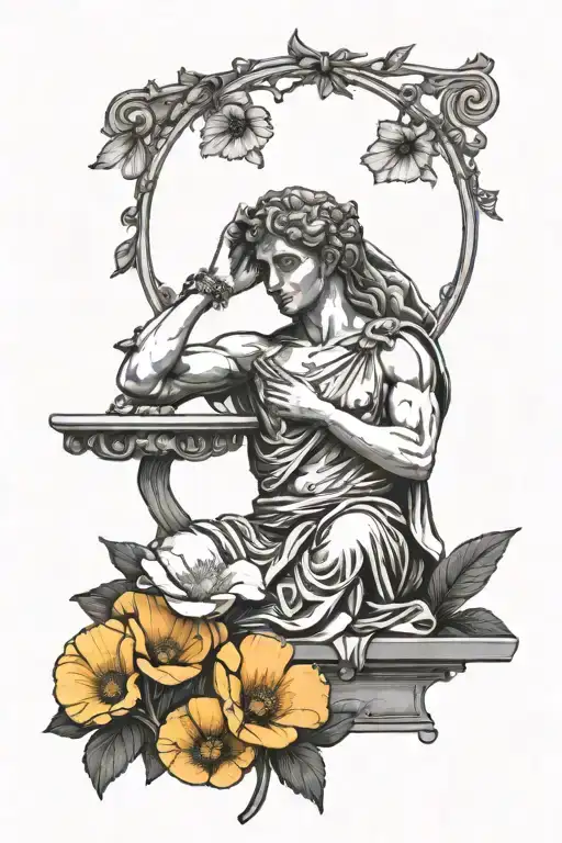 A stoic Greek statue of a Libra symbol with California poppies surrounding  tattoo design idea